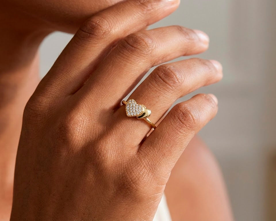 10K Gold Double Heart Pavé Cubic Zirconia Ring