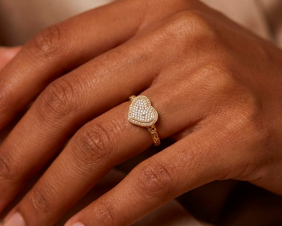 10K Gold Double Pavé Heart Cubic Zirconia Ring