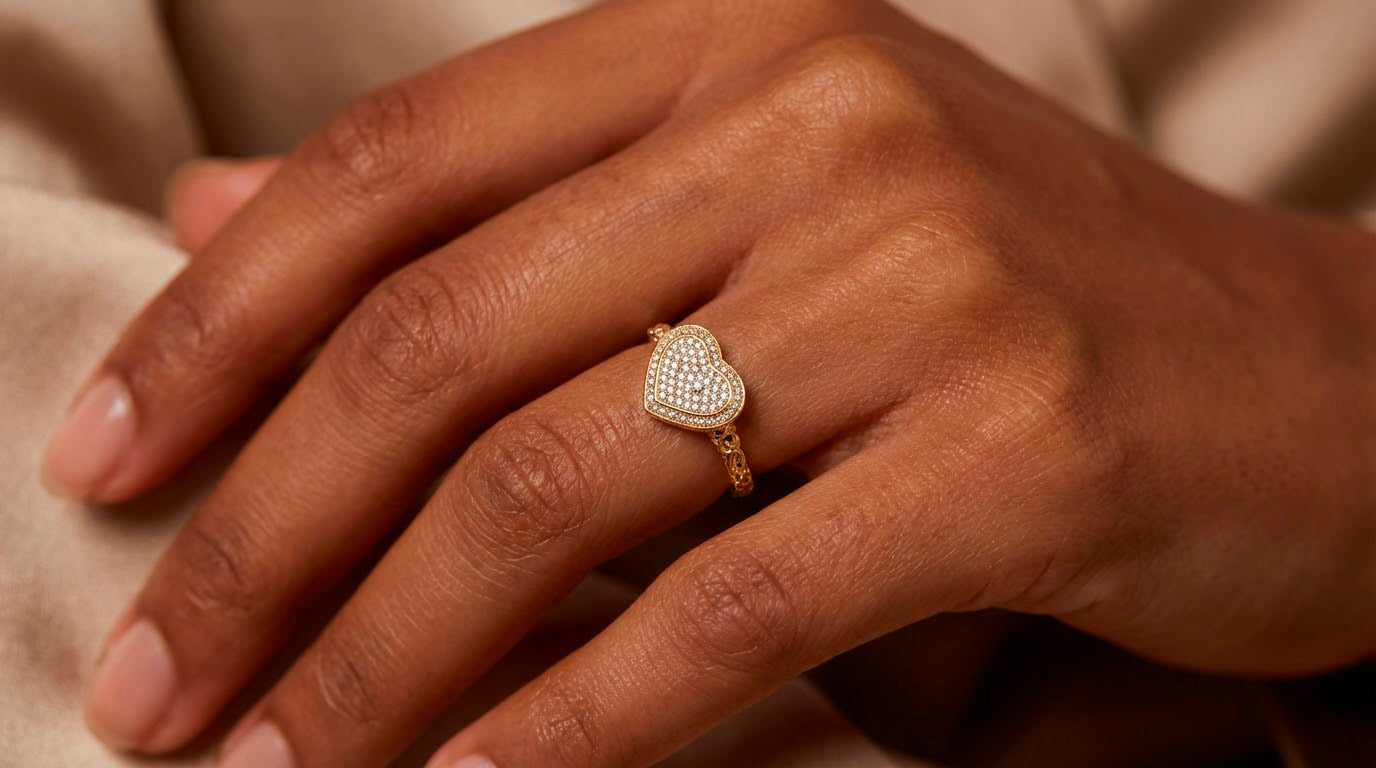 10K Gold Double Pavé Heart Cubic Zirconia Ring