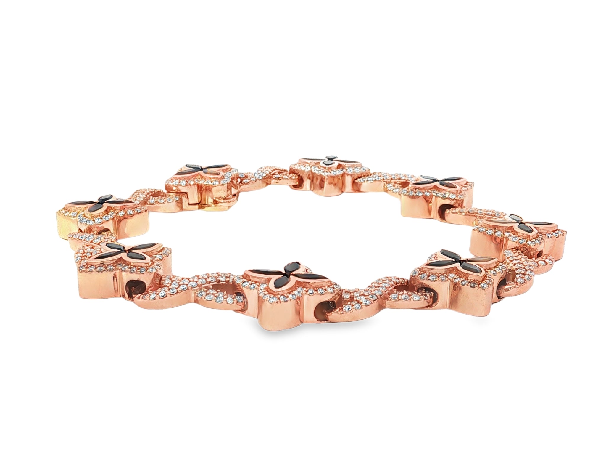 10K Gold Men’s Floral Link Bracelet with Black Ruby & Diamond Pavé 3.75 CT