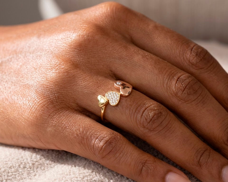 10K Two-Tone Gold Three Heart Ring with Zirconia Accents