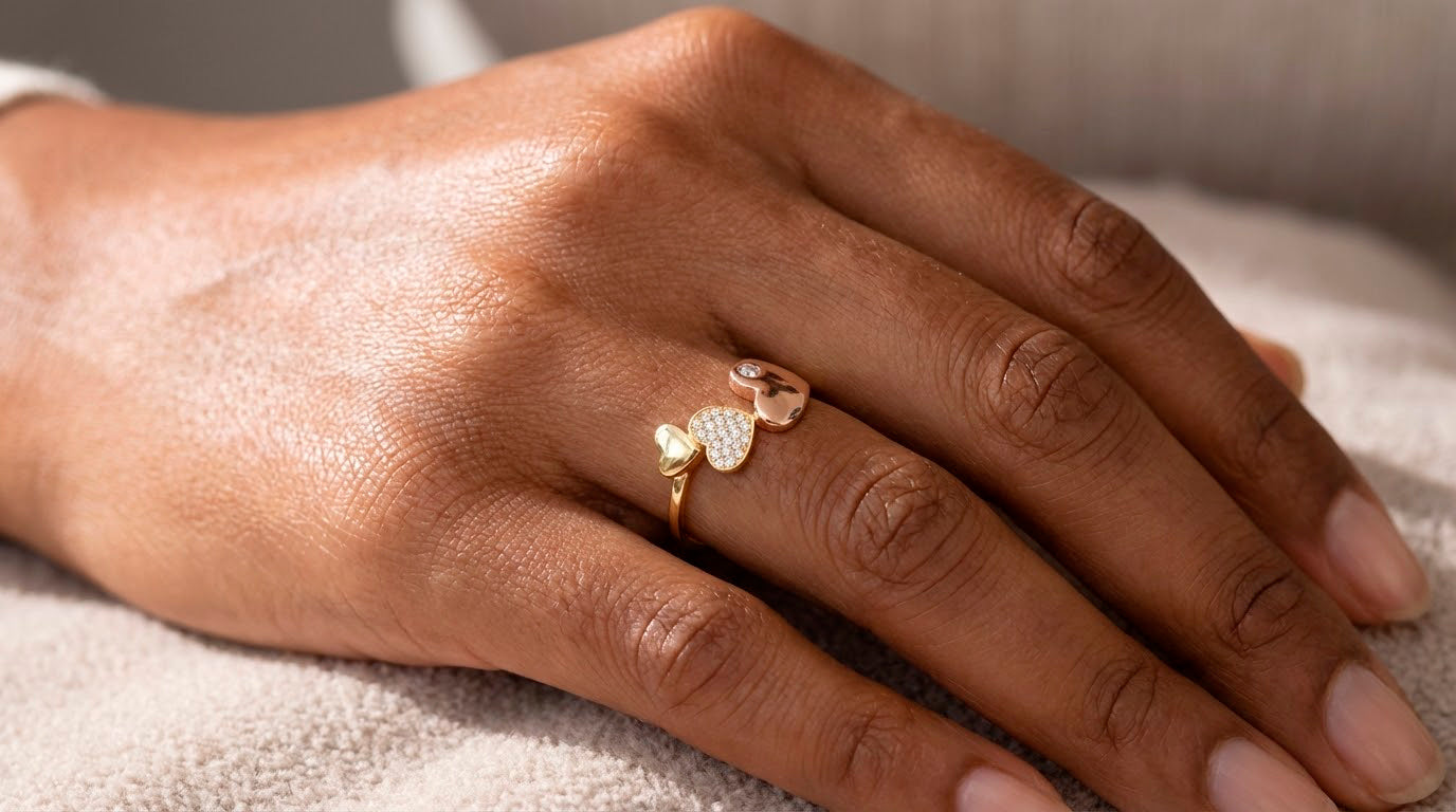 10K Two-Tone Gold Three Heart Ring with Zirconia Accents