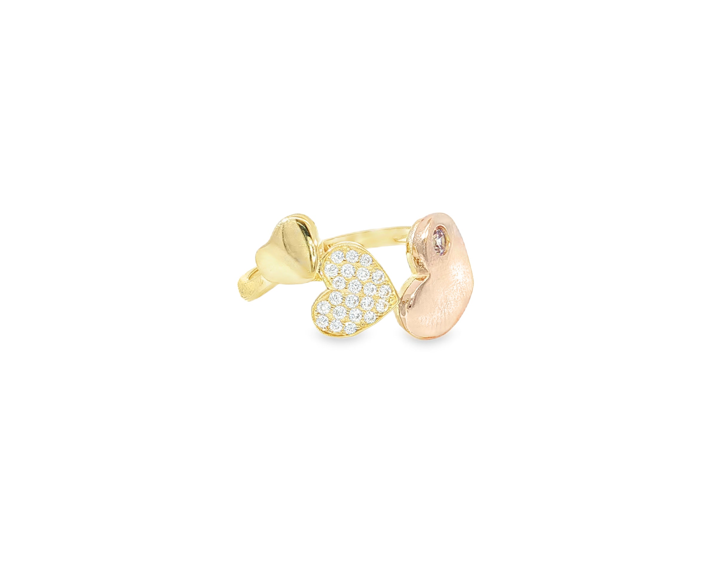 10K Two-Tone Gold Three Heart Ring with Zirconia Accents