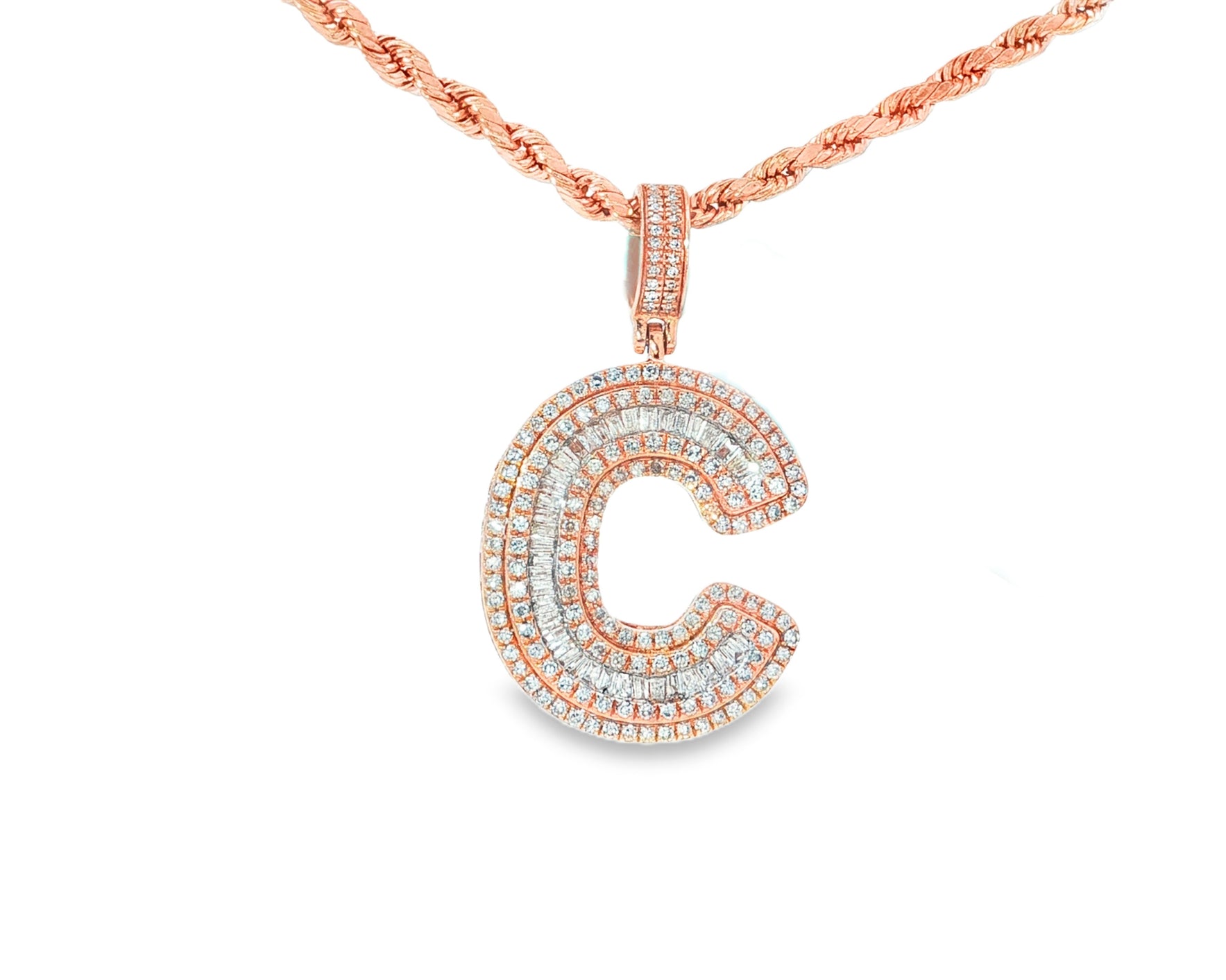 10k Gold Baguette & Round Natural Diamond Initial Pendant 1.00ct