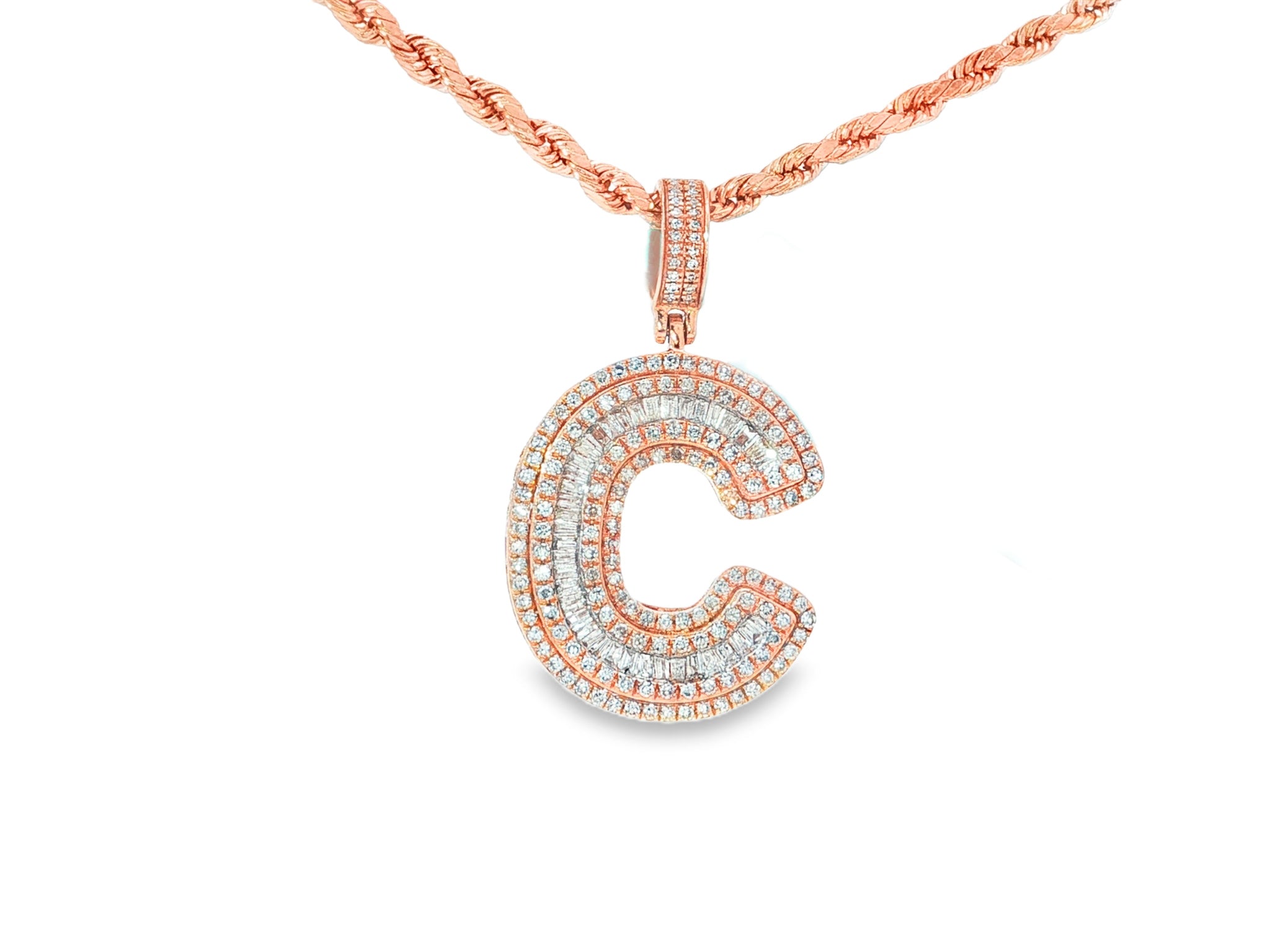 10k Gold Baguette & Round Natural Diamond Initial Pendant 1.00ct