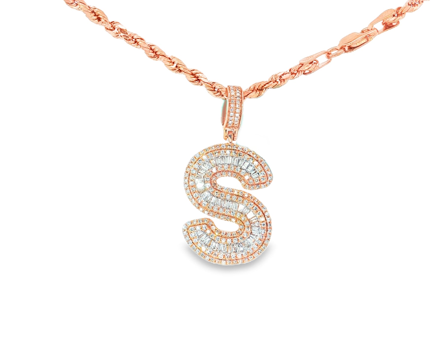 10k Gold Baguette & Round Natural Diamond Initial Pendant 1.00ct