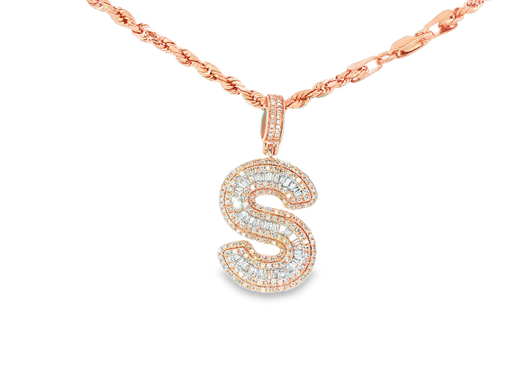 10k Gold Baguette & Round Natural Diamond Initial Pendant 1.00ct