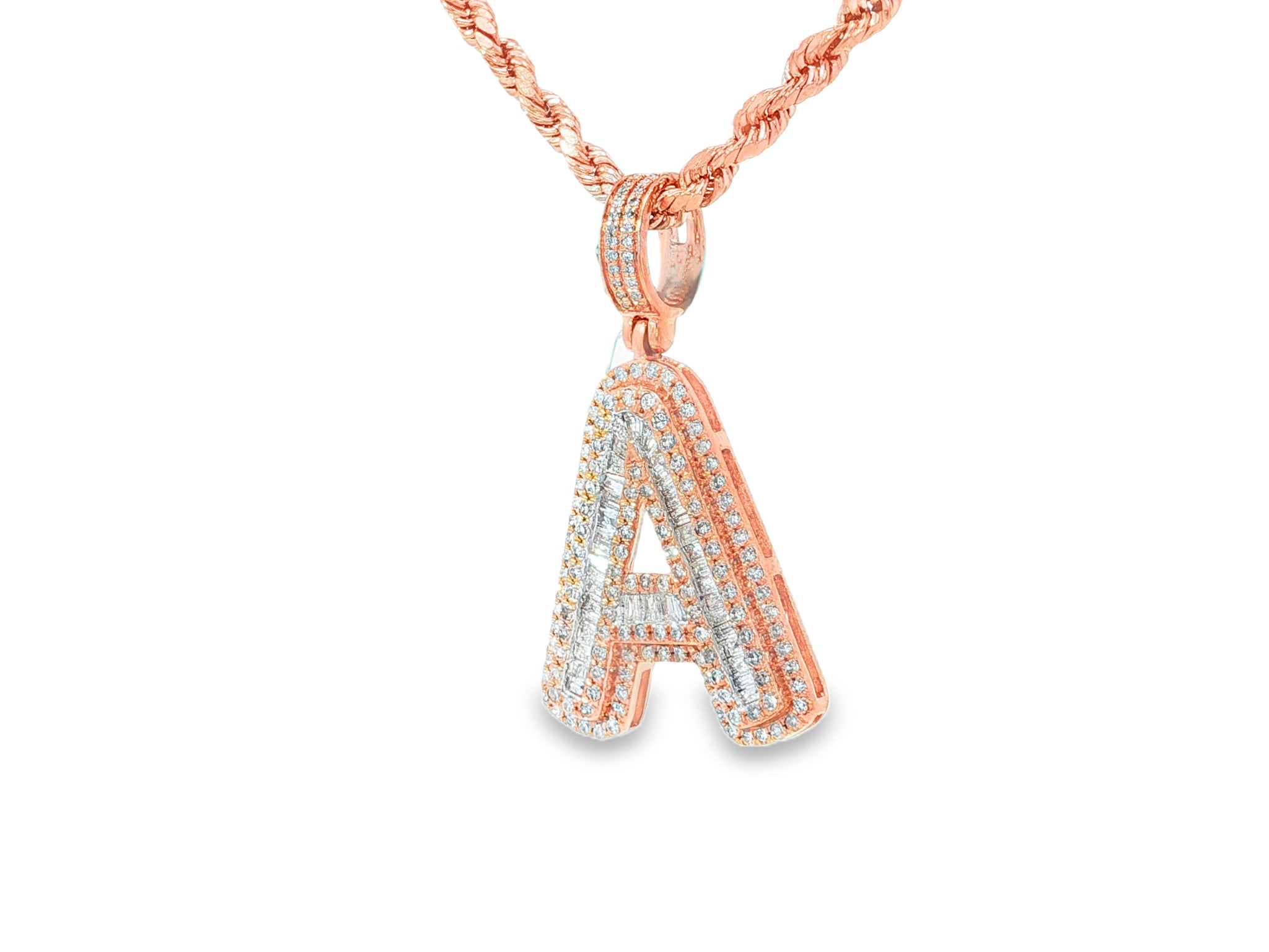 10k Gold Baguette & Round Natural Diamond Initial Pendant 1.00ct