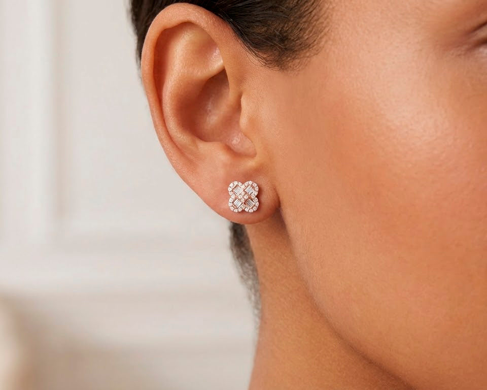 10K Gold Diamond Clover Stud Earrings with Baguette Accents 0.50 CT