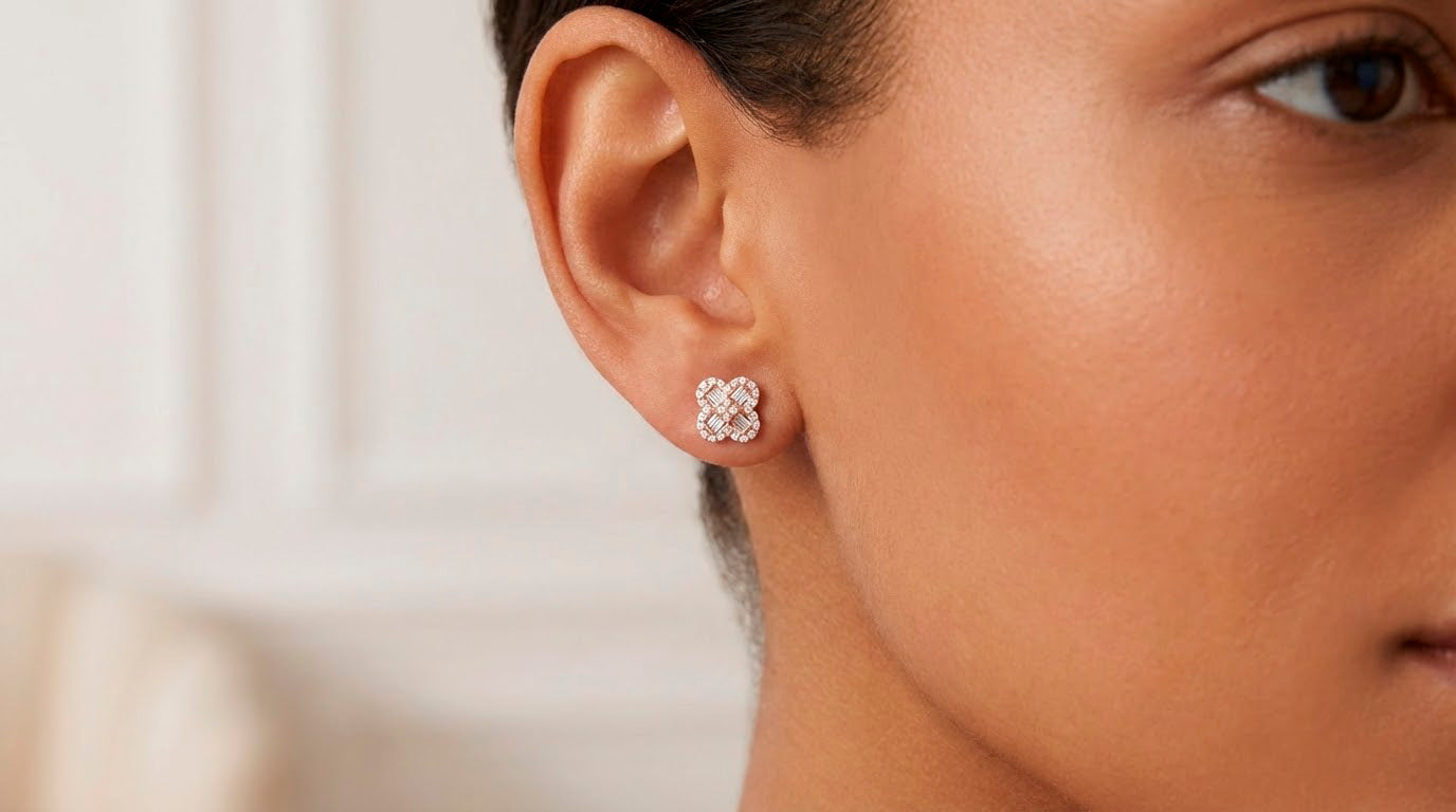 10K Gold Diamond Clover Stud Earrings with Baguette Accents 0.50 CT