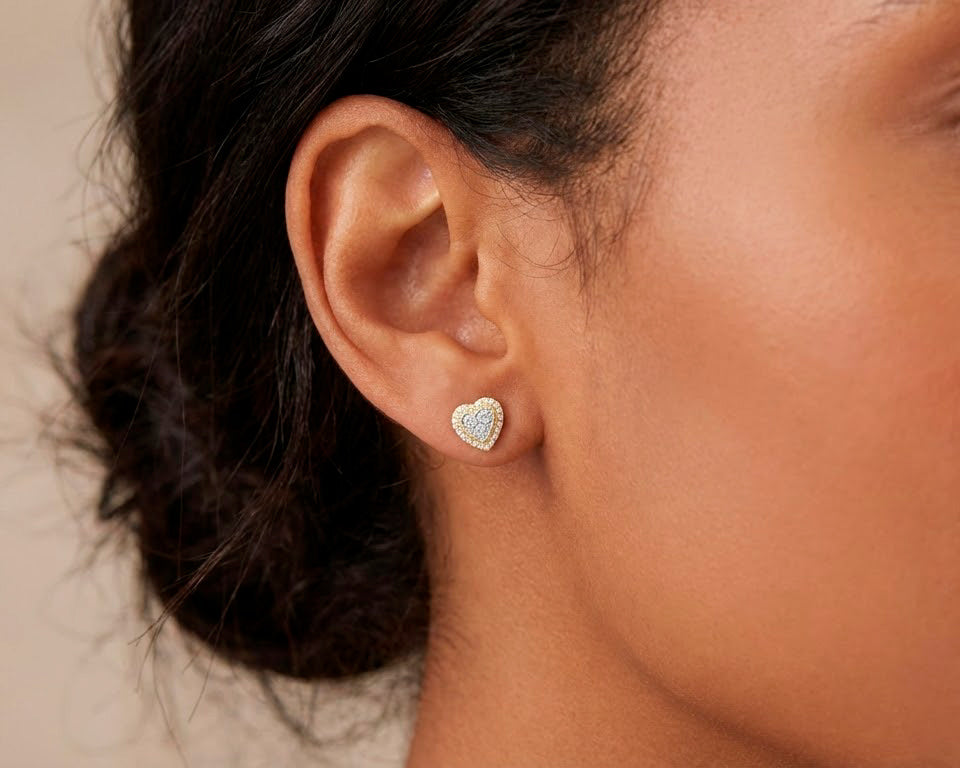 10K Gold Diamond Heart Halo Stud Earrings with Cluster Center 0.33 CT