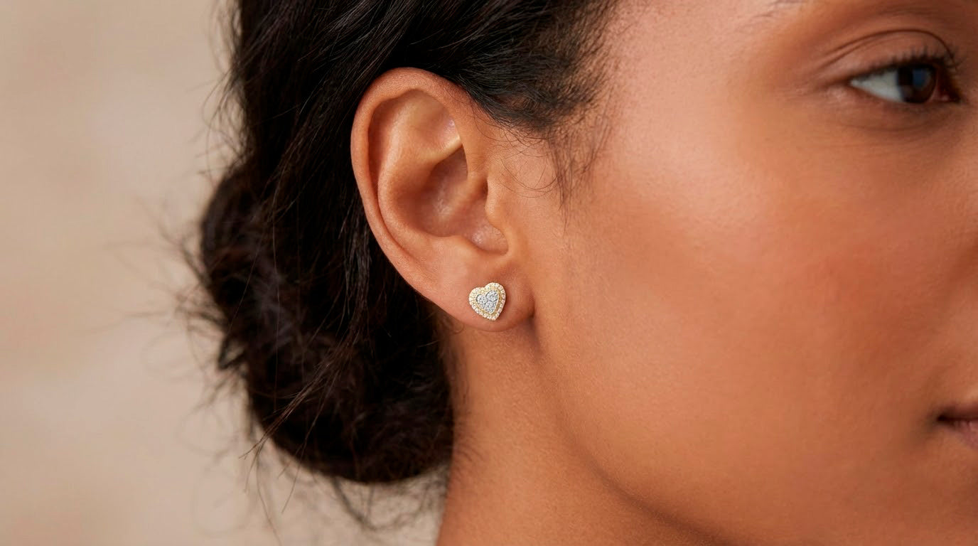 10K Gold Diamond Heart Halo Stud Earrings with Cluster Center 0.33 CT