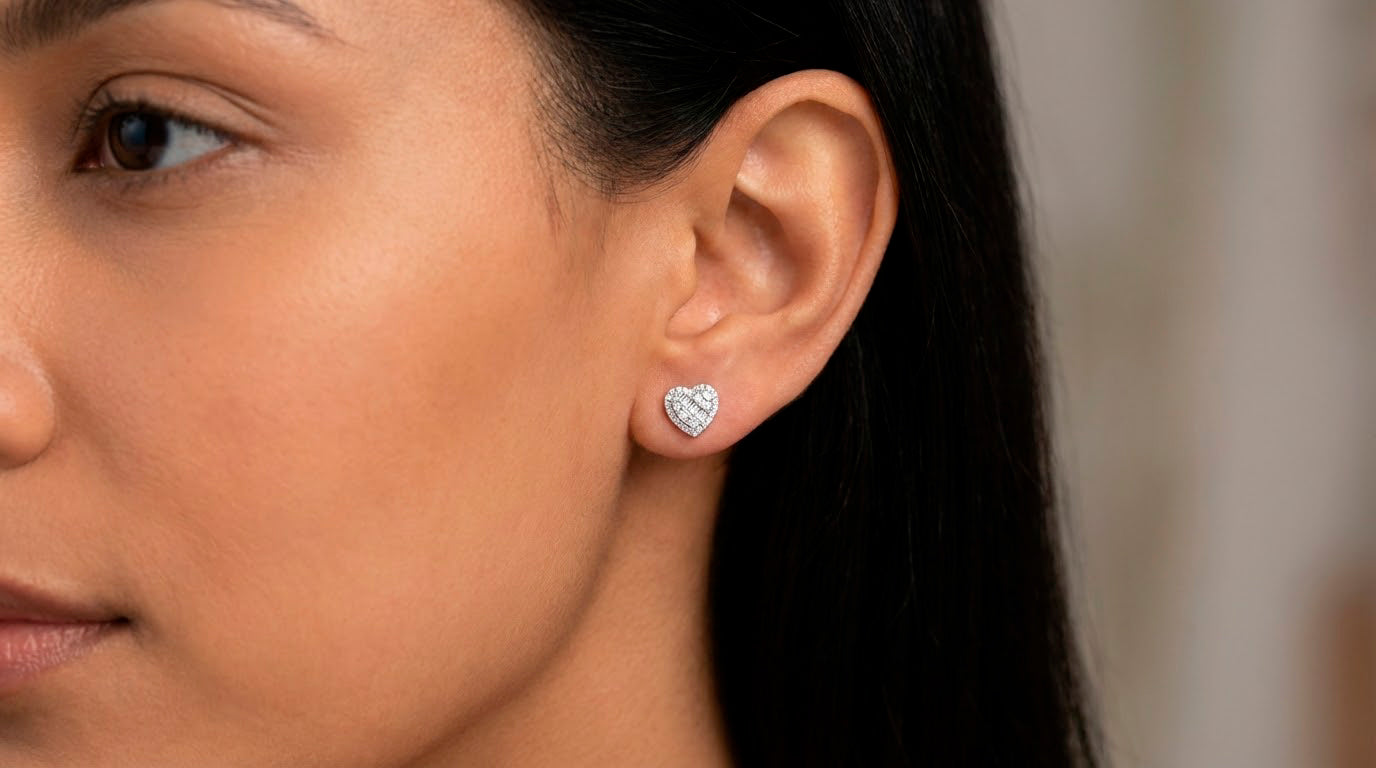 10K Gold Diamond Heart Stud Earrings with Baguette Accents 0.50 CT
