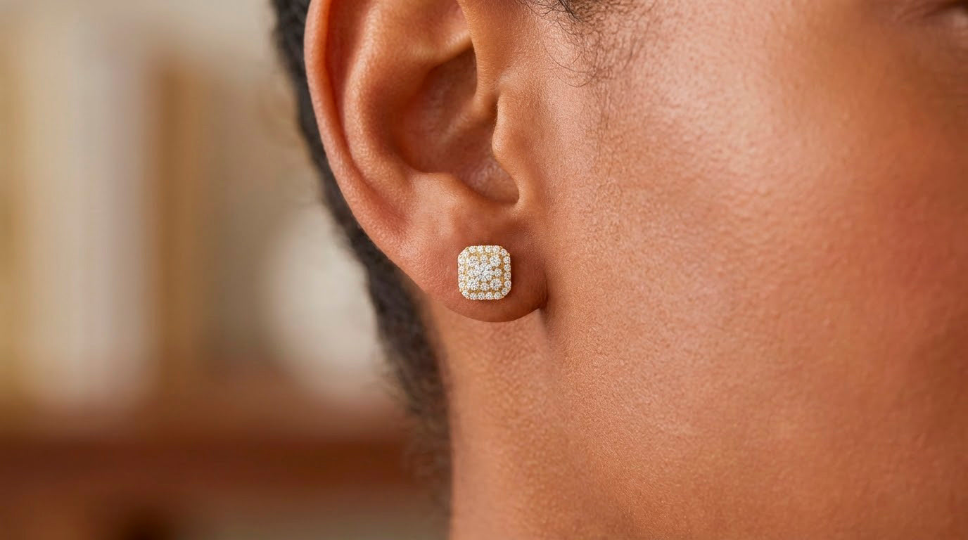 10K Gold Diamond Square Halo Stud Earrings with Pavé Accents 0.60 CT