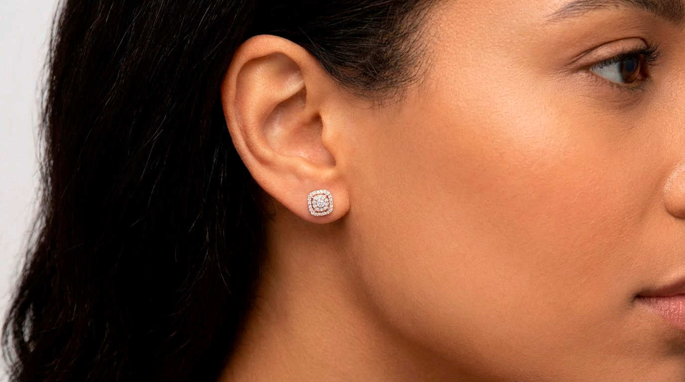 10K Gold Diamond Square Halo Stud Earrings with Pavé Accents 0.65 CT