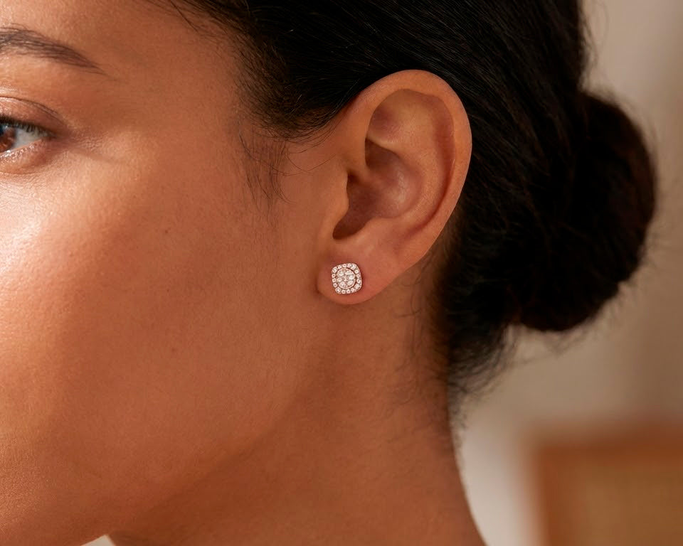 10K Gold Diamond Square Stud Earrings with Baguette & Pavé Accents 0.35 CT