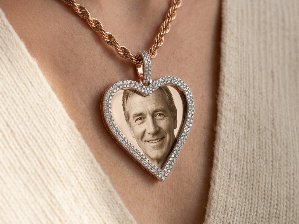 10k Heart Memory Charm Pendant with Double Halo Round-Cut 1.0 CT