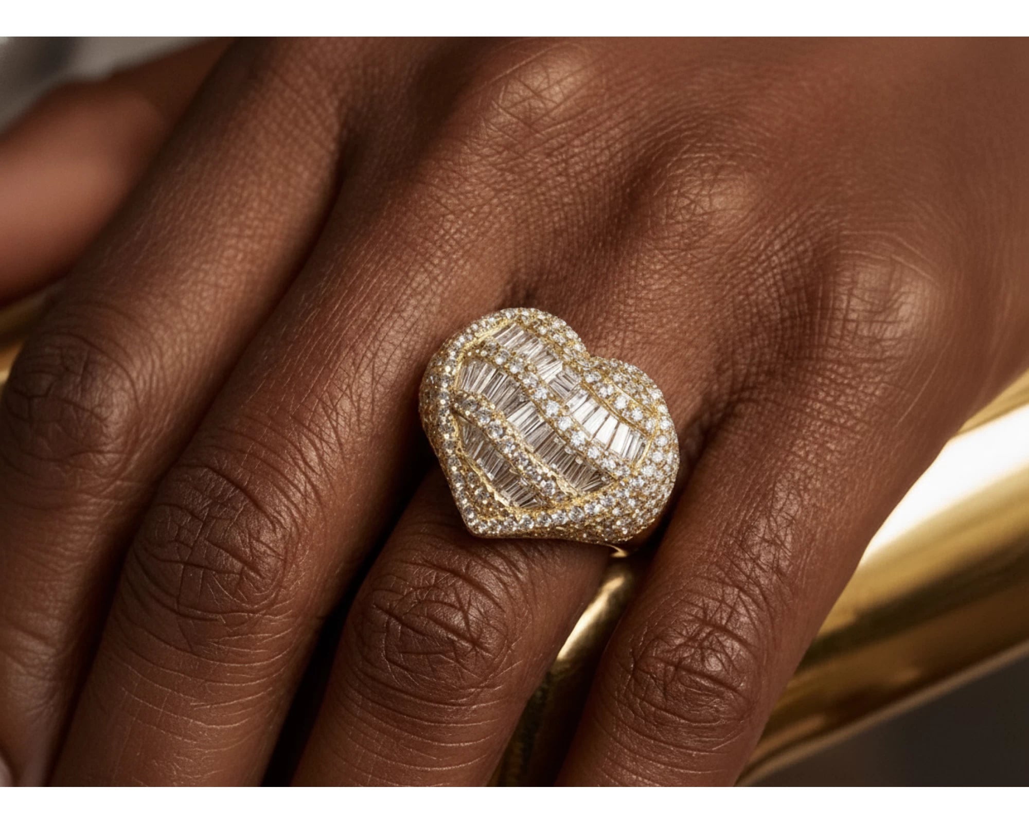 10k Diamond Heart Ring with Baguette Waves & Pavé Dome Design 2.30ct – lifestyle 1274
