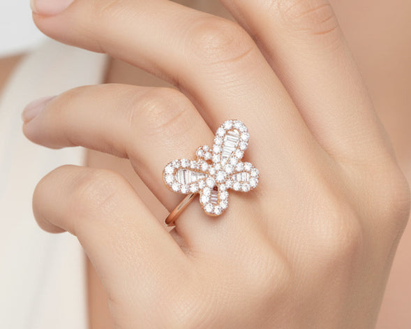 10k Gold Butterfly-Design Ring with Round and Baguette Diamonds 0.75ct