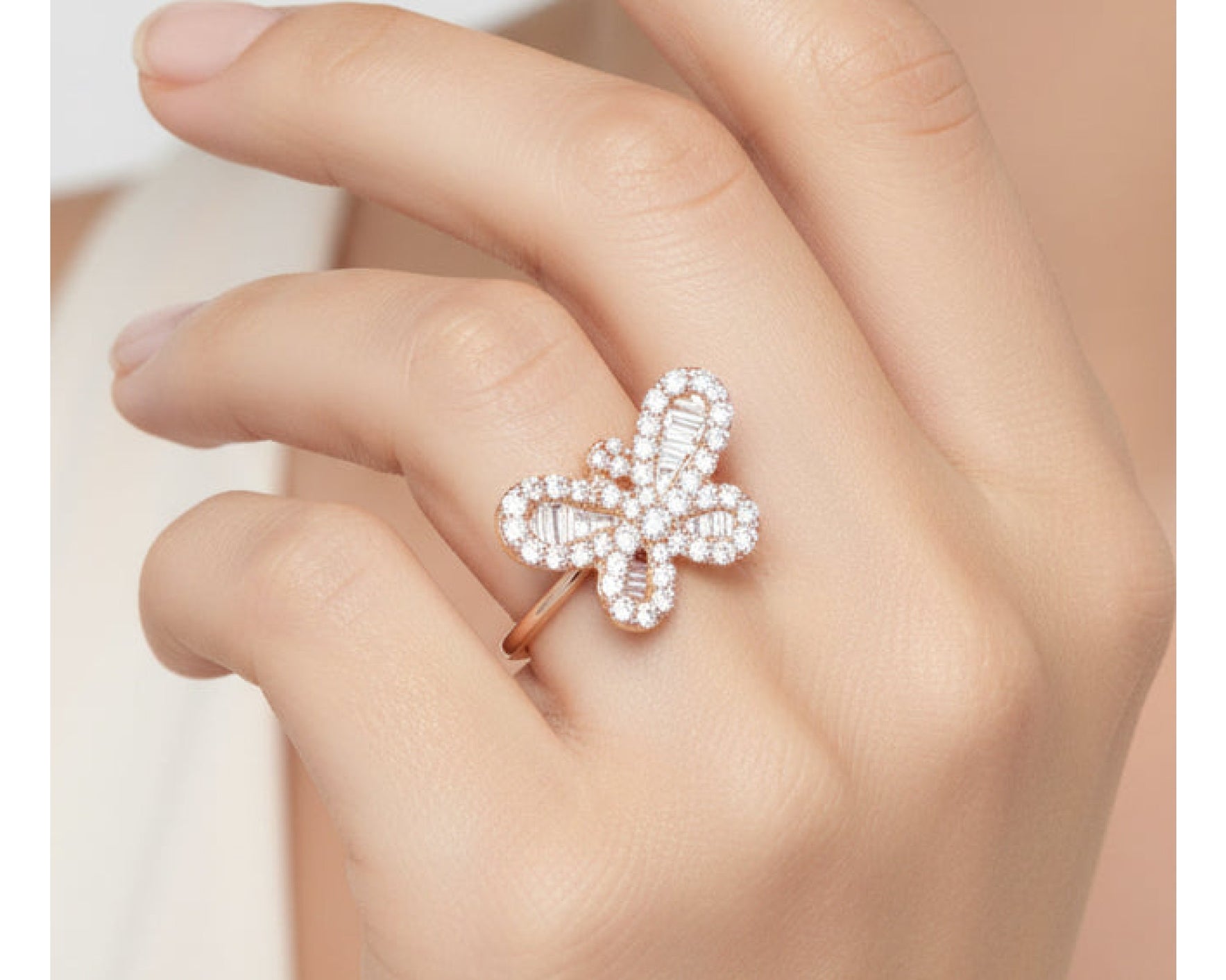 10k Gold Butterfly-Design Ring with Round and Baguette Diamonds 0.75ct – view 2