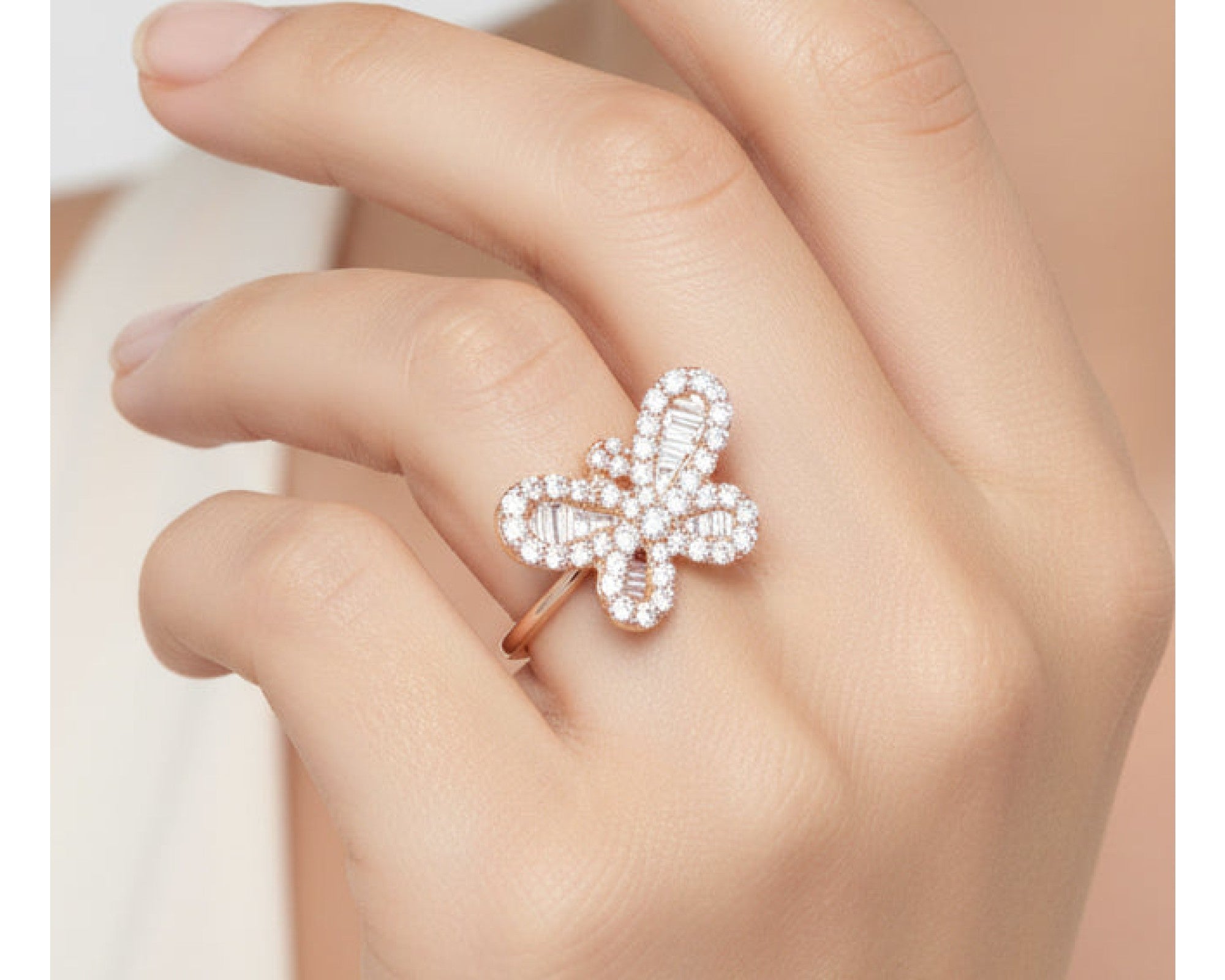 10k Gold Butterfly-Design Ring with Round and Baguette Diamonds 0.75ct – view 2