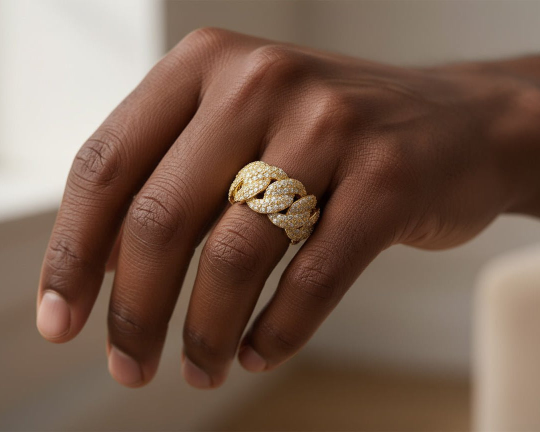 10k Gold Cuban Link Diamond Ring with Round Cuts 7.85ct - AVI THE JEWELER