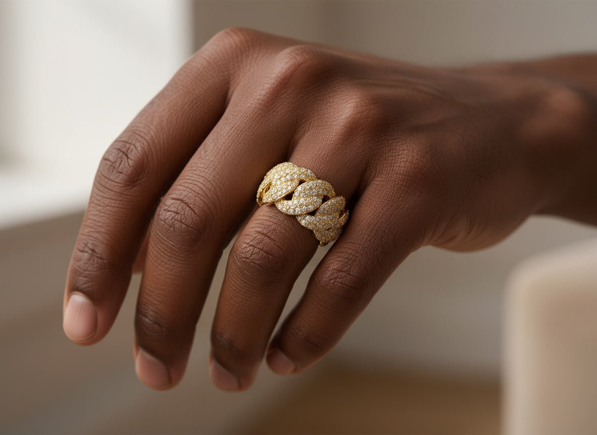 10k Gold Cuban Link Diamond Ring with Round Cuts 7.85ct - AVI THE JEWELER