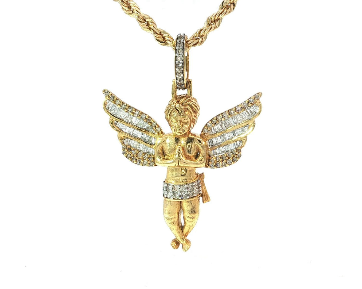 10k Gold Diamond Angel Pendant with Baguette & Round Diamond Wings 1.20ct - AVI THE JEWELER
