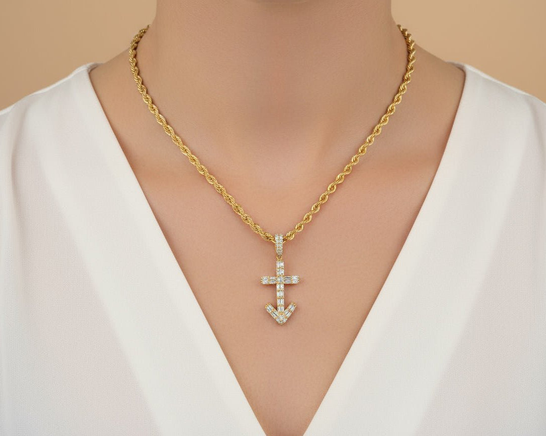 10k Gold Diamond Arrow Cross Pendant with Round & Baguette Accents 0.70ct - AVI THE JEWELER