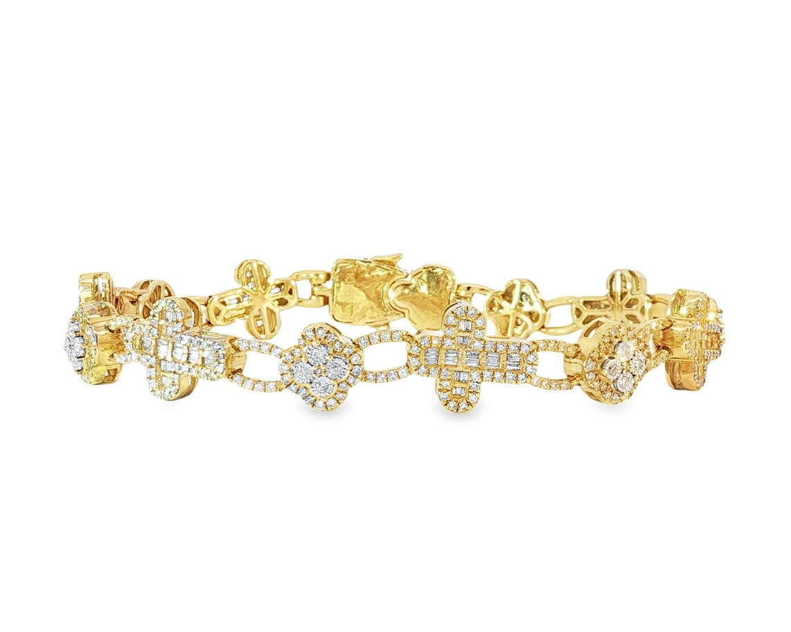 10k Gold Diamond Bracelet with Clover & Cross Round - Cut Cluster Design 4.00ct - AVI THE JEWELER