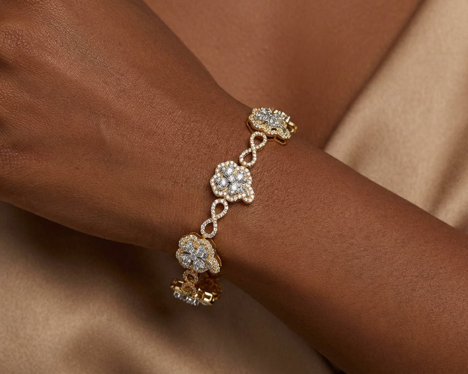 10k Gold Diamond Bracelet with Clover Round - Cut & Infinity - Link Design 1.54ct - AVI THE JEWELER