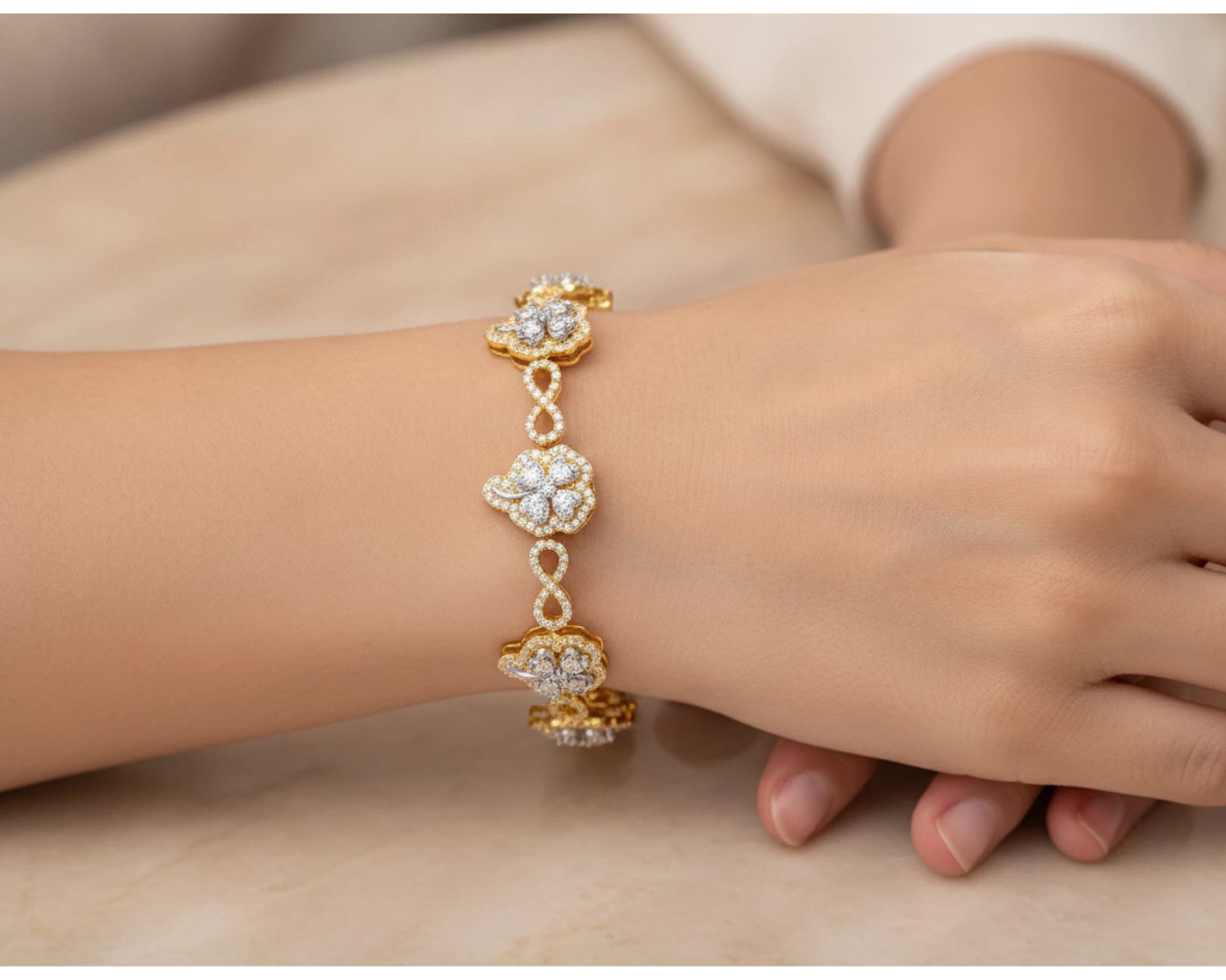10k Gold Diamond Bracelet with Clover Round-Cut & Infinity-Link Design 1.54ct – lifestyle 4688
