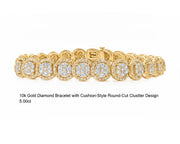 10k Gold Diamond Bracelet with Cushion-Style Round-Cut Cluster Design 5.00ct