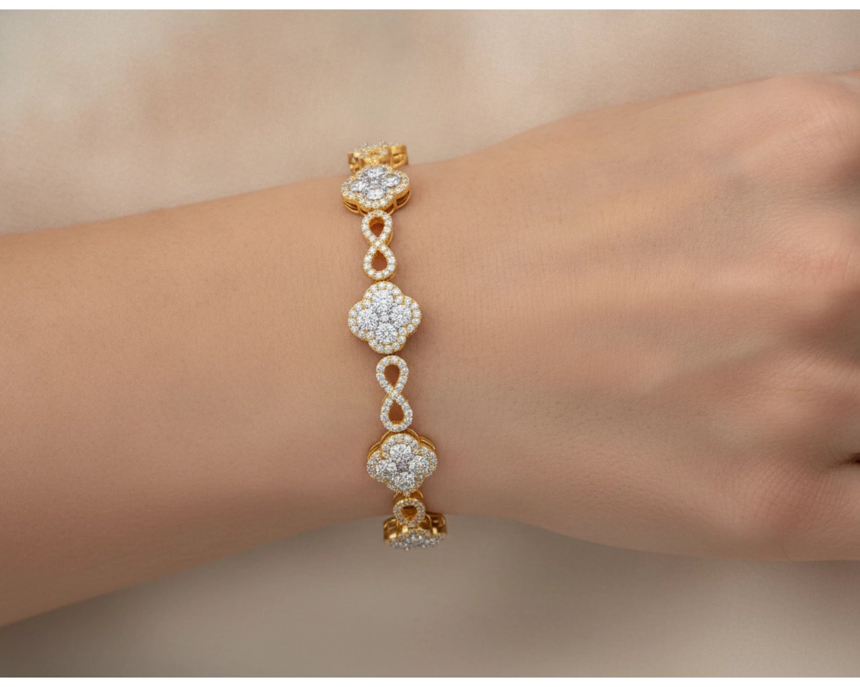 10k Gold Diamond Bracelet with Floral Round-Cut Cluster & Infinity-Link Design 1.42ct – lifestyle 4686