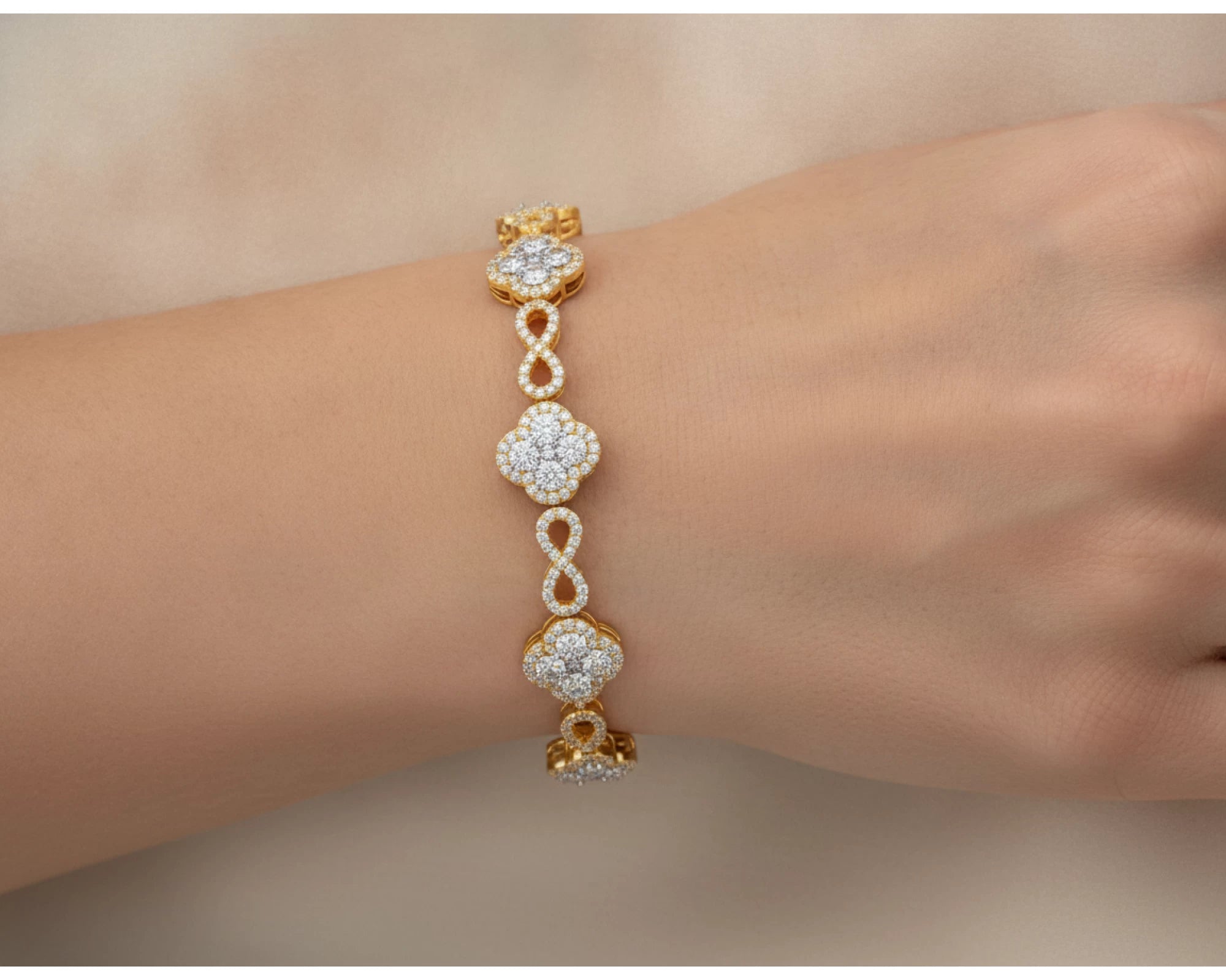 10k Gold Diamond Bracelet with Floral Round-Cut Cluster & Infinity-Link Design 1.42ct – lifestyle 4686