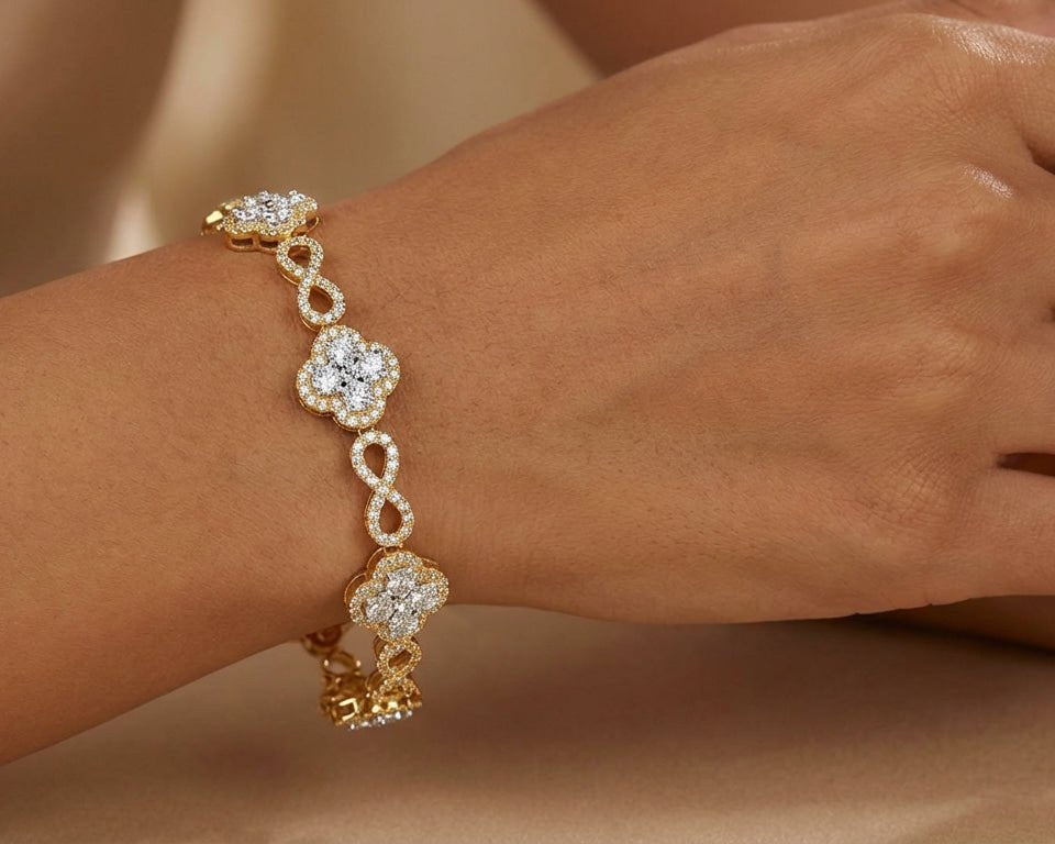 10k Gold Diamond Bracelet with Floral Round - Cut Cluster & Infinity - Link Design 1.42ct - AVI THE JEWELER