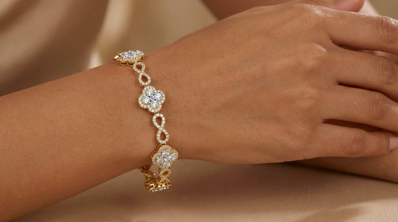 10k Gold Diamond Bracelet with Floral Round - Cut Cluster & Infinity - Link Design 1.42ct - AVI THE JEWELER