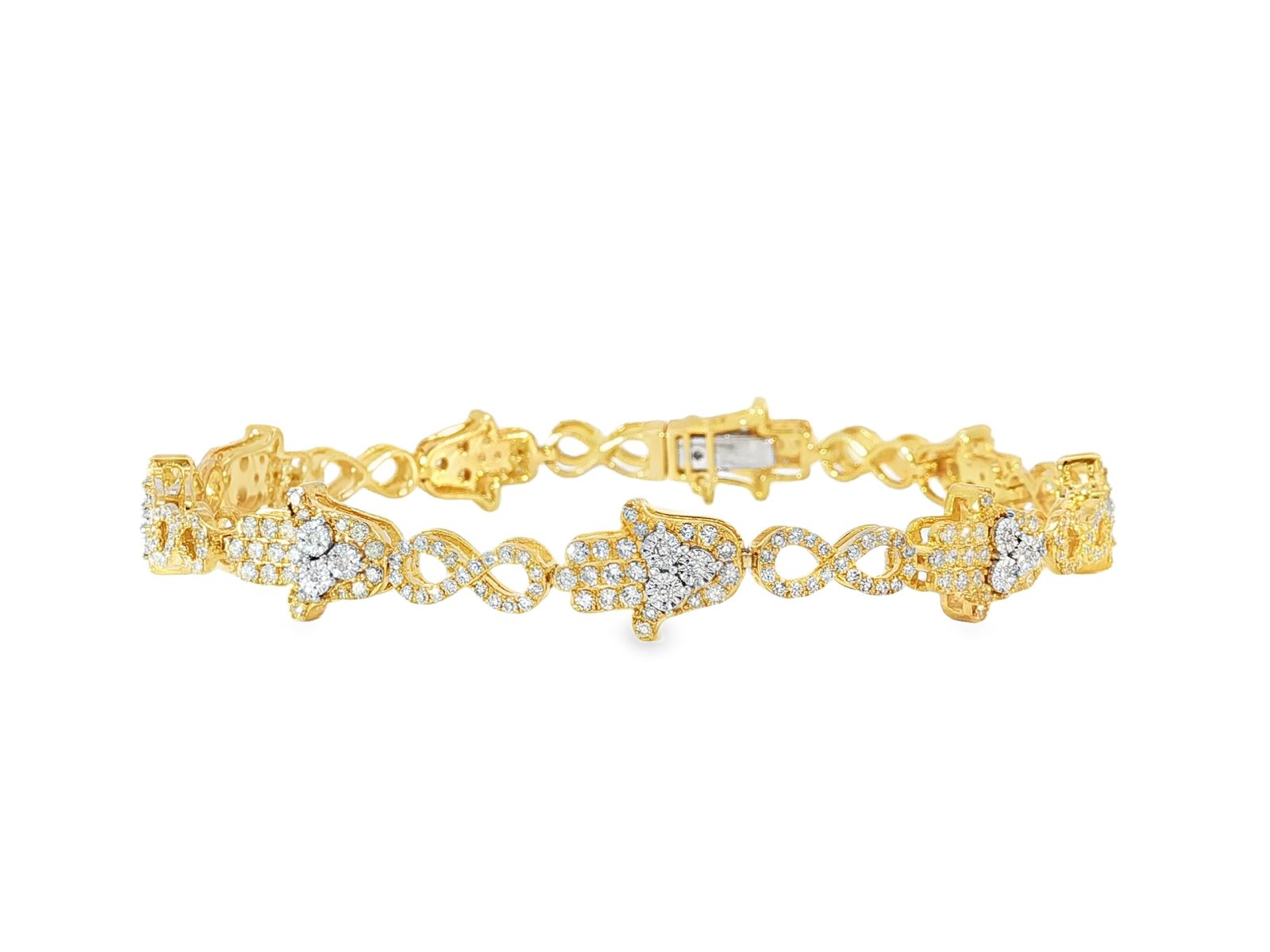 10k Gold Diamond Bracelet with Hamsa & Infinity - Link Round - Cut Design 1.48ct - AVI THE JEWELER