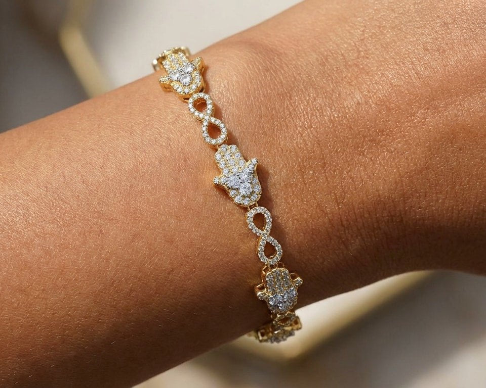 10k Gold Diamond Bracelet with Hamsa & Infinity - Link Round - Cut Design 1.48ct - AVI THE JEWELER