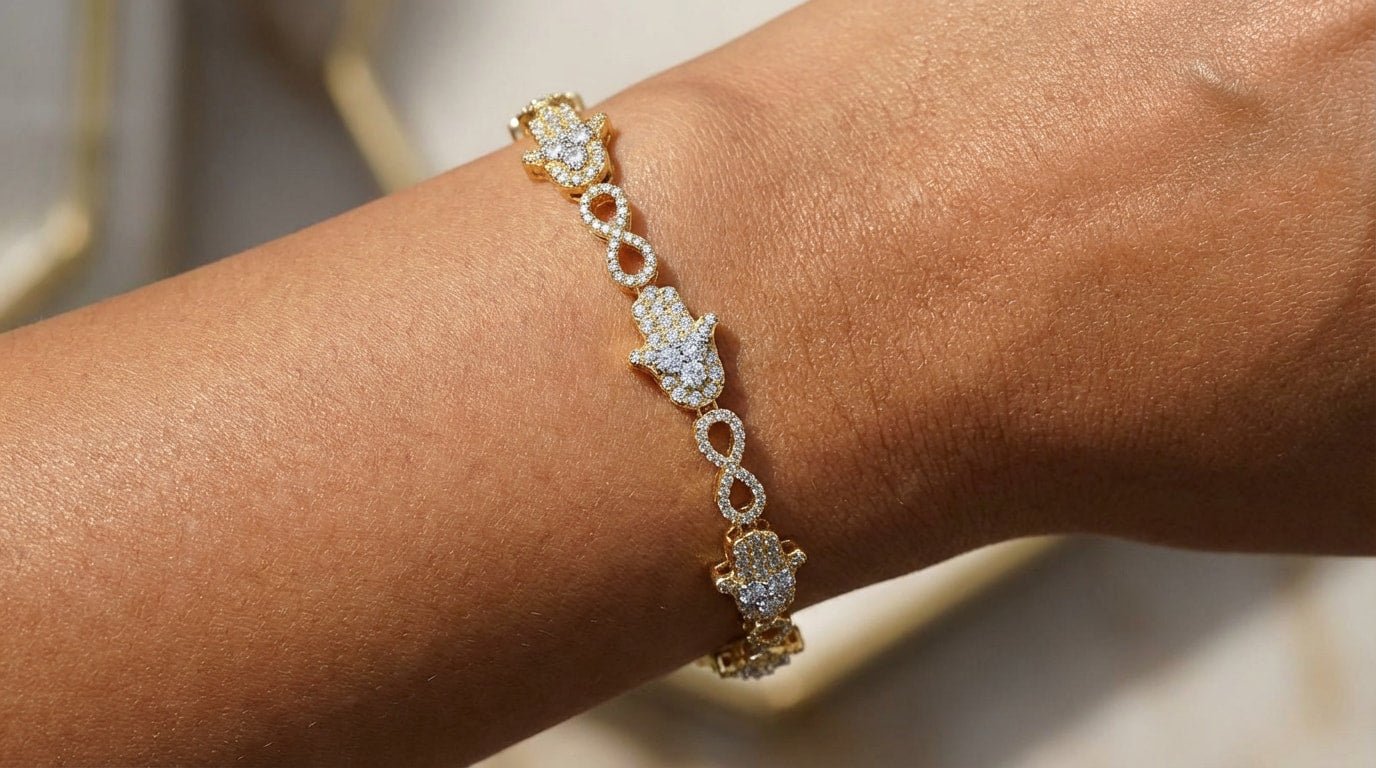 10k Gold Diamond Bracelet with Hamsa & Infinity - Link Round - Cut Design 1.48ct - AVI THE JEWELER