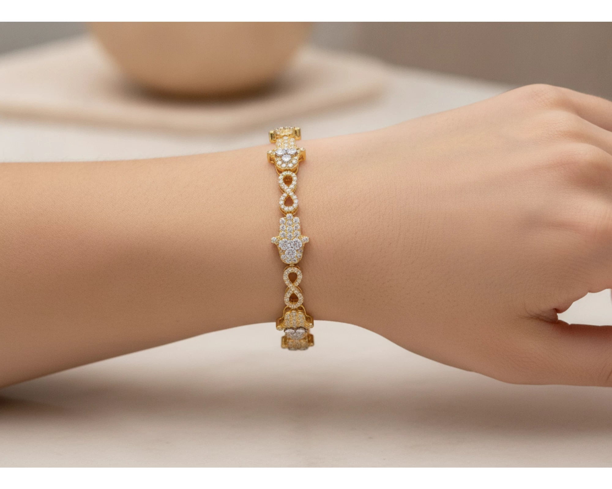 10k Gold Diamond Bracelet with Hamsa & Infinity-Link Round-Cut Design 1.48ct – lifestyle 4034