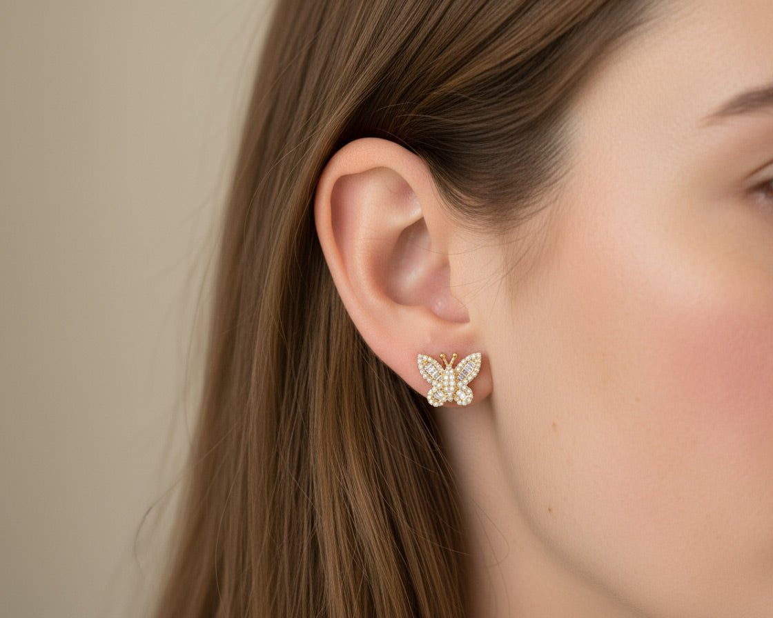 10k Gold Diamond Butterfly Earrings with Round & Baguette - Cut Accents 0.49ct - AVI THE JEWELER