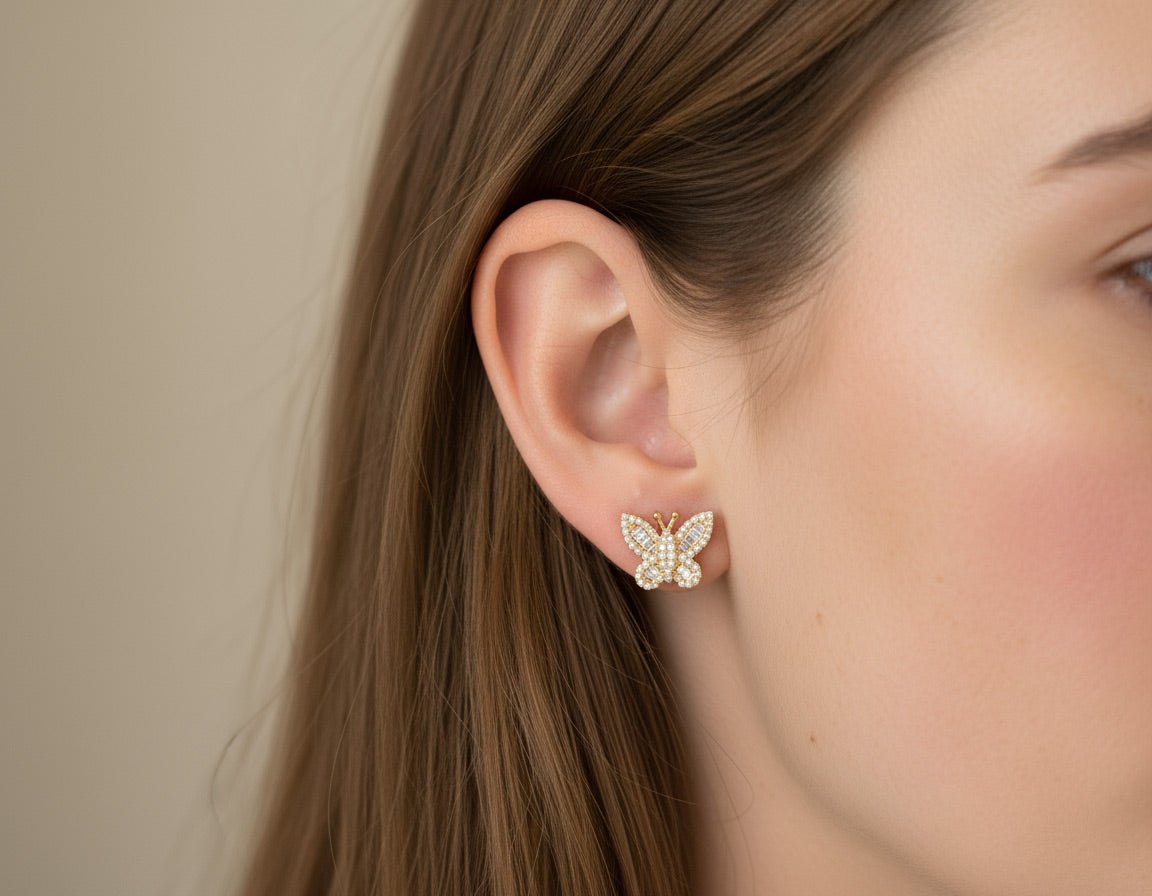 10k Gold Diamond Butterfly Earrings with Round & Baguette - Cut Accents 0.49ct - AVI THE JEWELER