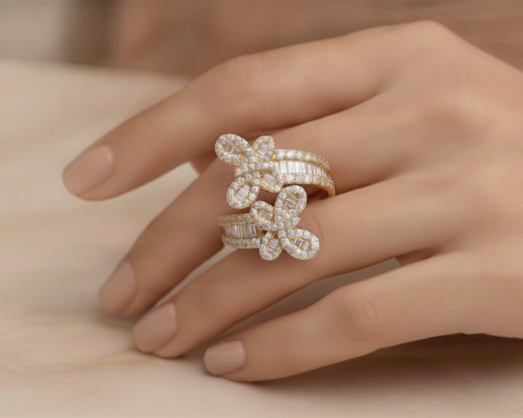 10k Gold Diamond Butterfly Ring with Round and Baguette Cut 1.75ct – lifestyle 1676