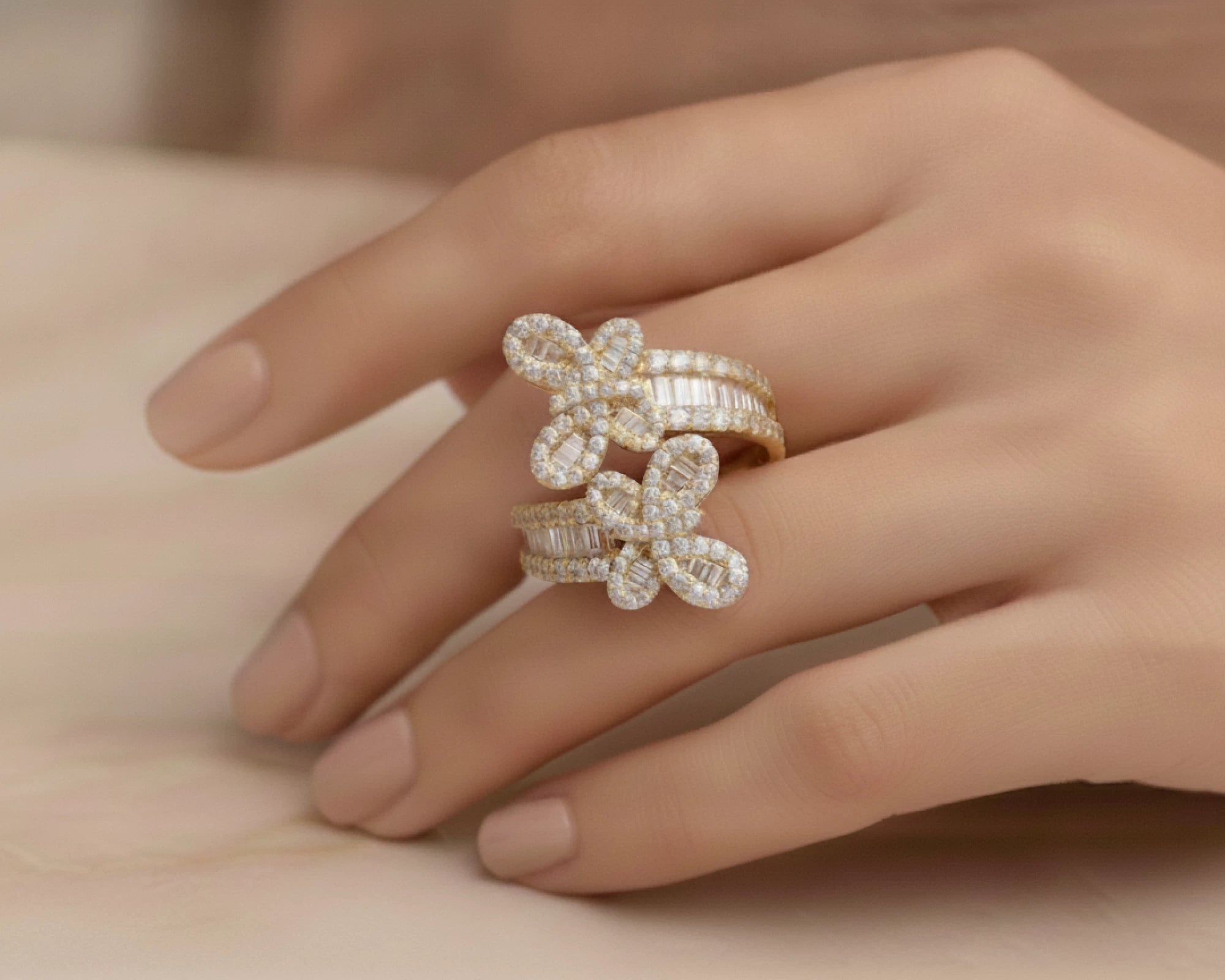 10k Gold Diamond Butterfly Ring with Round and Baguette Cut 1.75ct – lifestyle 1676
