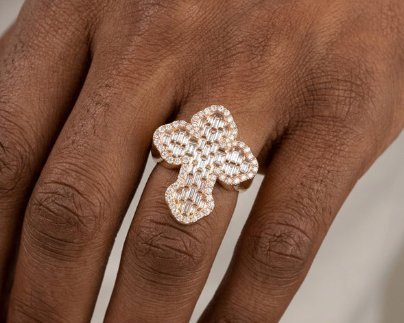 10k Gold Diamond Cross-Shape Ring with Baguette & Round Accents 2.28ct