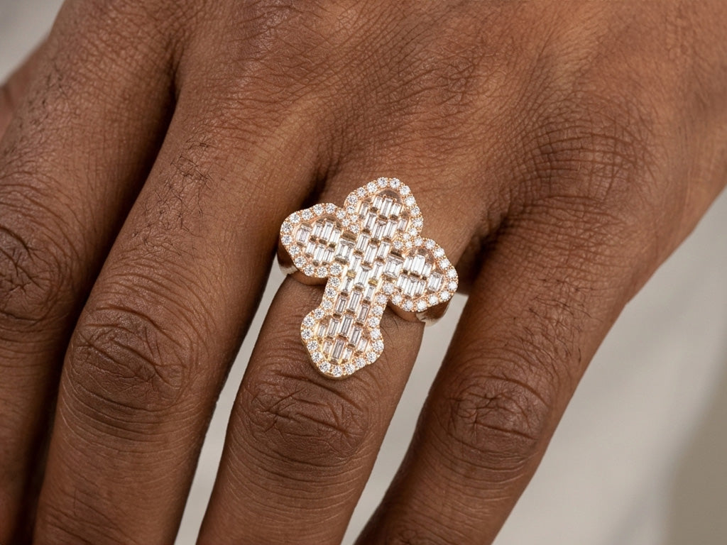 10k Gold Diamond Cross-Shape Ring with Baguette & Round Accents 2.28ct