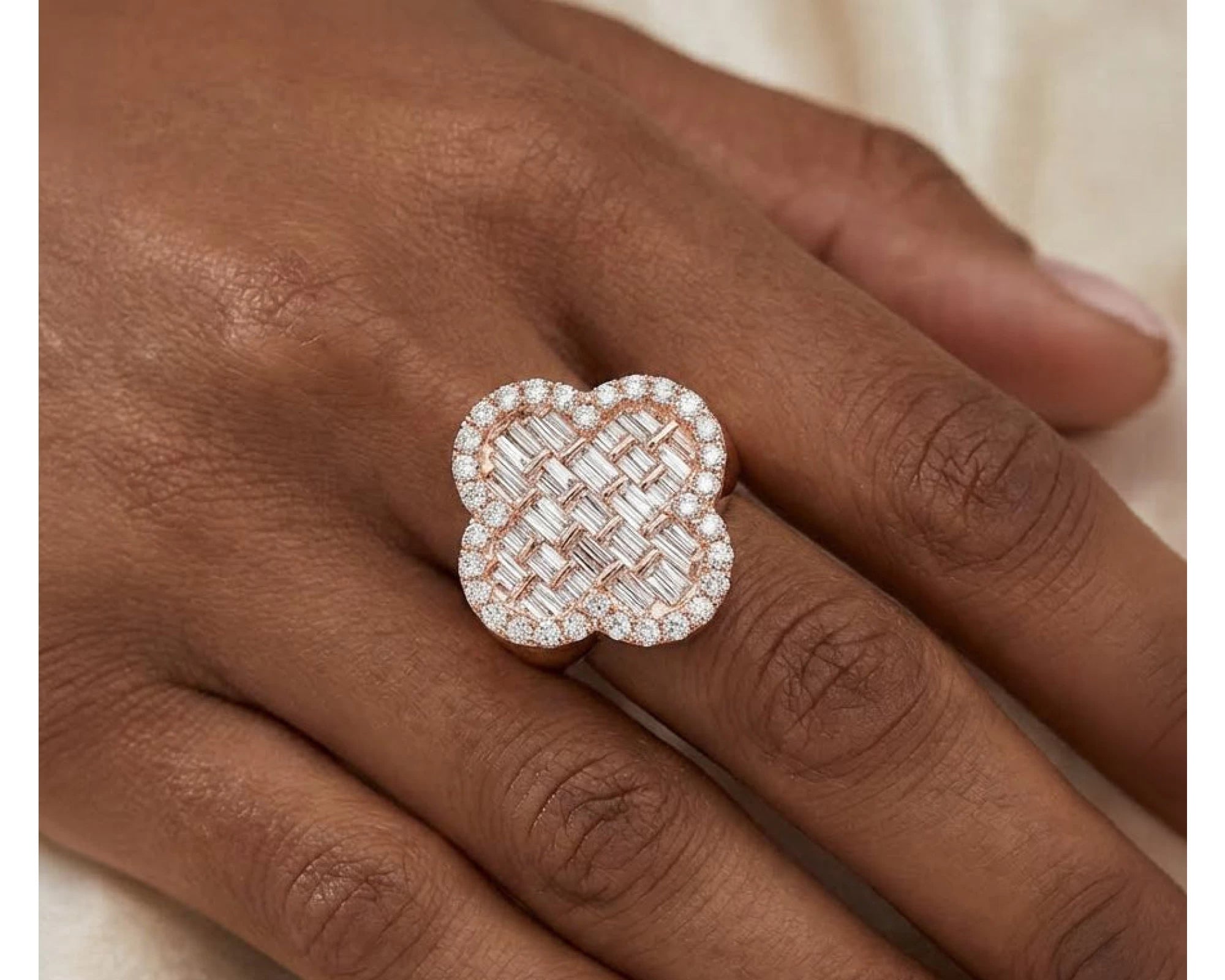 10K Gold Diamond Clover Statement Ring with Baguette Accents 2.00 CT – view 2