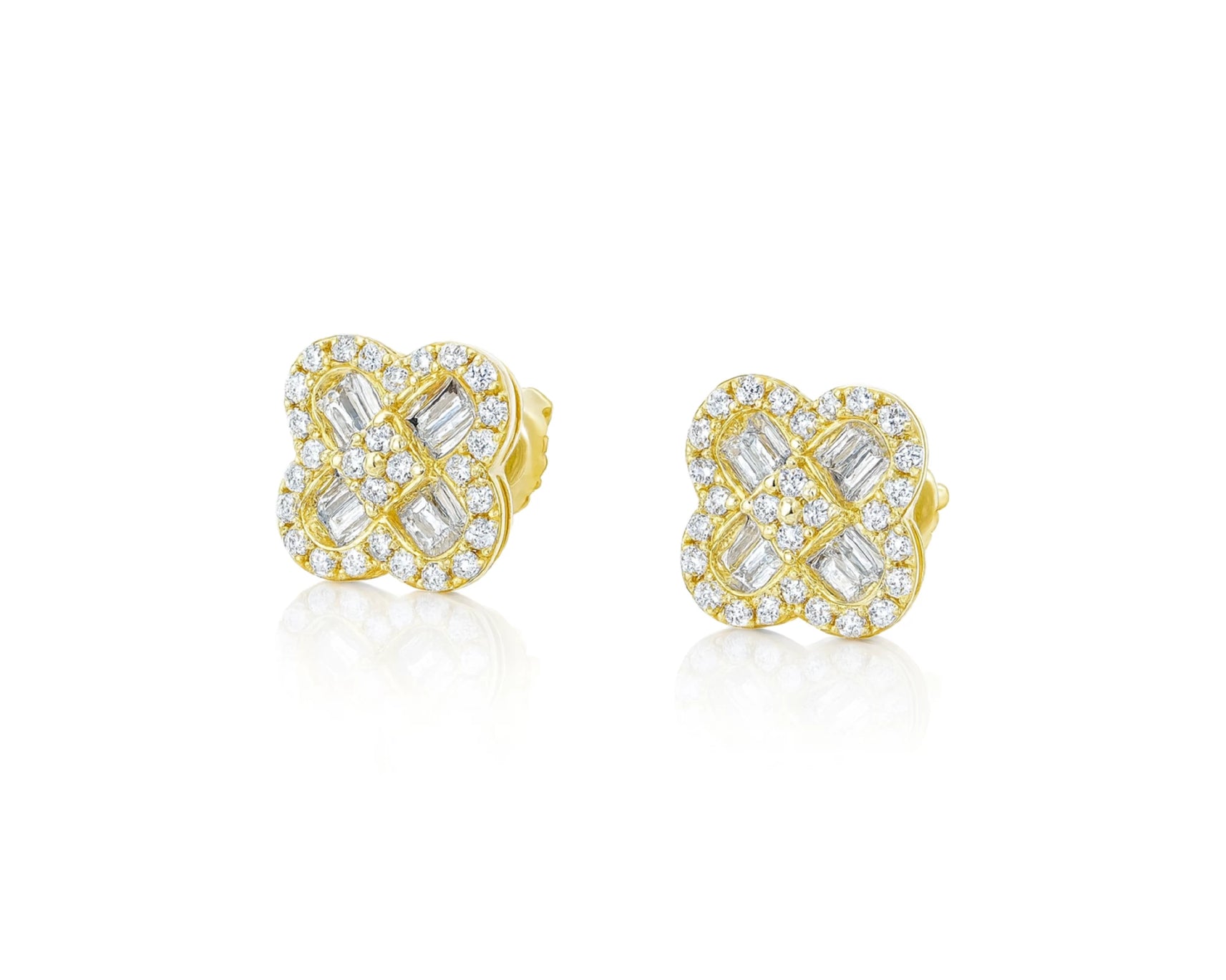 10K Gold Diamond Clover Stud Earrings with Baguette Accents 0.50 CT – lifestyle 3548