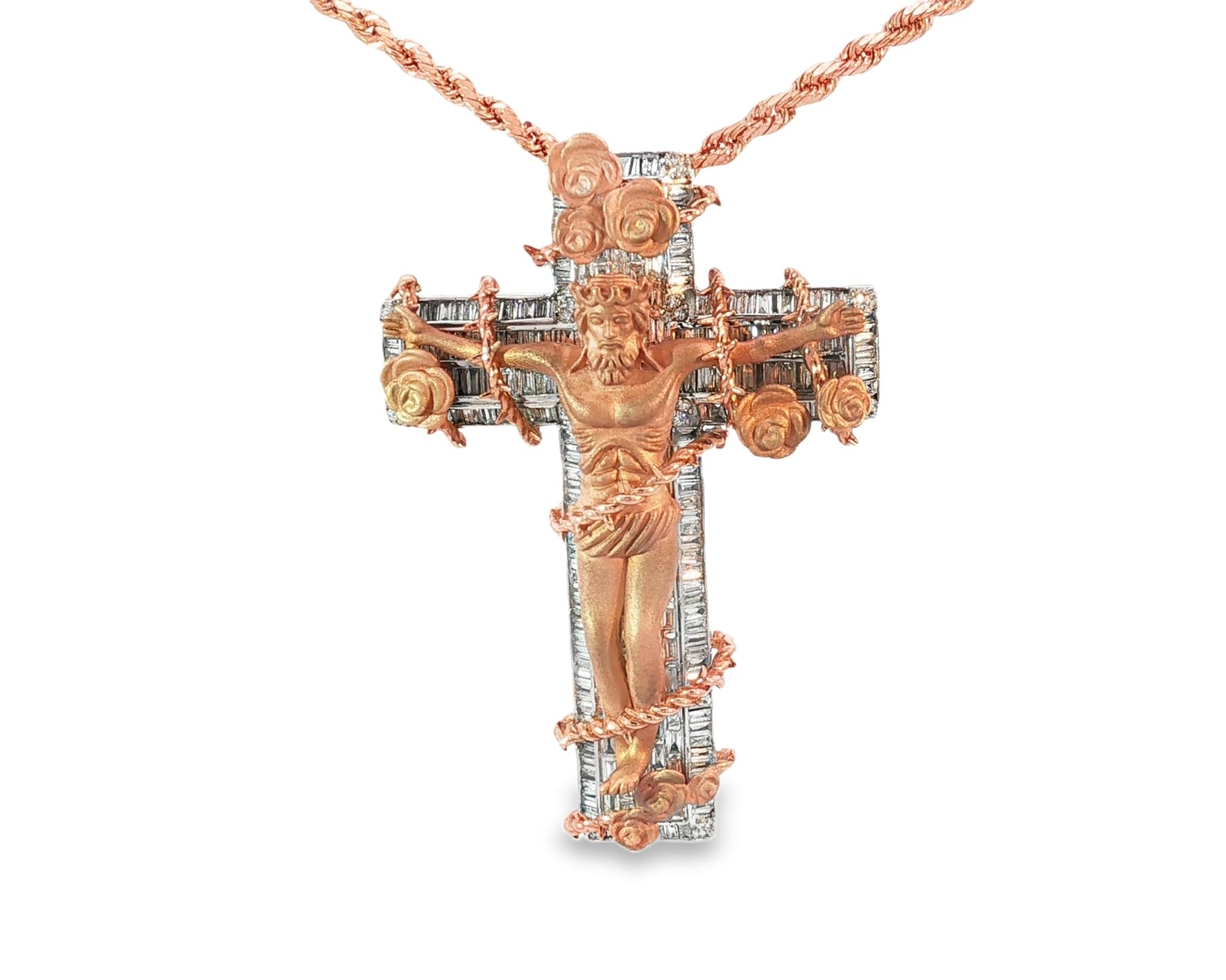 10k Gold Diamond Cross Pendant with Jesus & Floral Accents 3.4ct - AVI THE JEWELER
